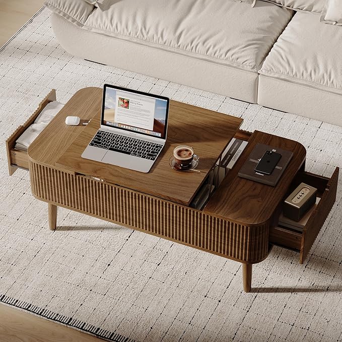 47.2” Modern Coffee Table Wooden Fluted Lift Top Coffee Table with Hidden Compartment, Mid Century Modern Rectangle Center Tables with Lifting Tabletop & 2 Storage Drawers for Home Living Room Walnut