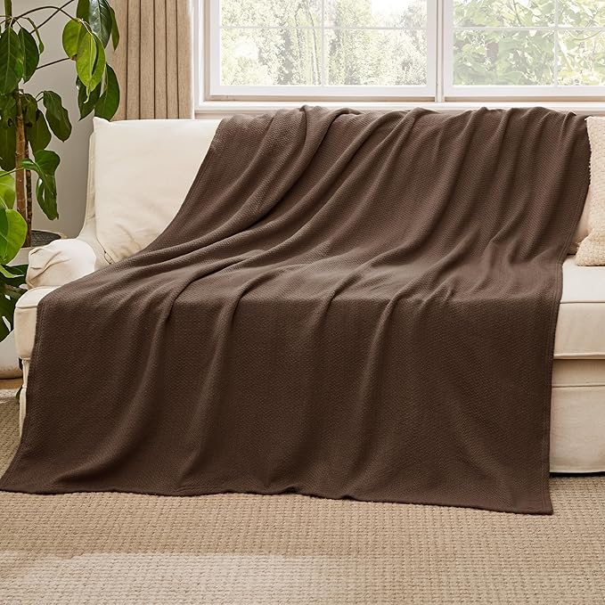 Bedsure GentleSoft 100% Cotton Large Throw Blanket for Couch 50x70 inches - Breathable and Lightweight, Soft Cozy Herringbone Woven Cotton Throw for Summer, Brown Office Chair Blanket