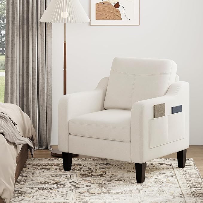 Accent Chair for Living Room Modern Linen Upholstered Armchair Side Wooden Fabric Sofa Chair with Foldable Table 2 Side Pockets Comfy Reading Chair for Bedroom