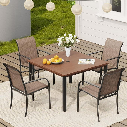VICLLAX 5 Pieces Patio Dining Set, Patio Furniture Set of 4 Patio Stackable Dining Chairs and Outdoor Metal Square Table with Umbrella Hole for Backyard Lawn Garden, Brown Chairs and Walnut Table by HOME