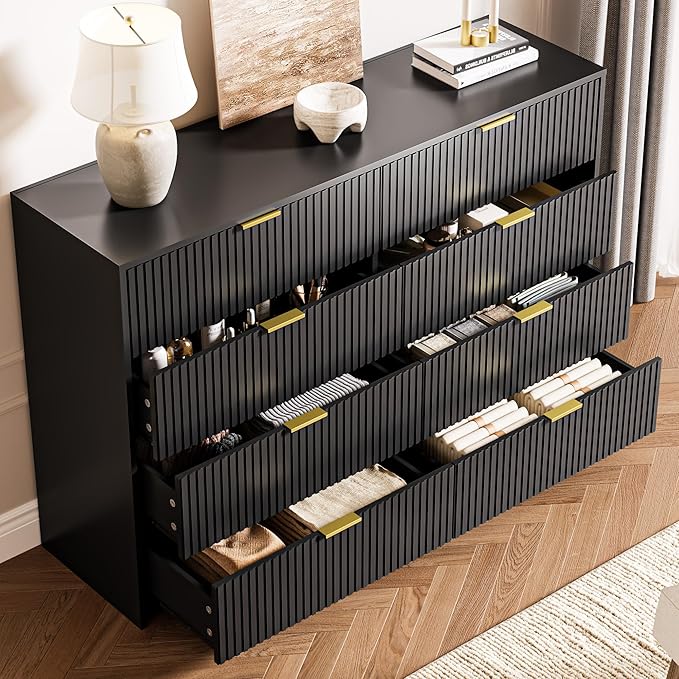 MAISONARIA 3-Piece Dresser Bedroom Set, 8 Drawer Dresser & 3 Drawer Nightstands with Gold Handles, Fluted Wood Chest of Drawers for Bedroom, Living Room, Entryway, Black