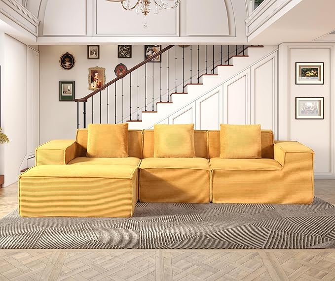 Compressed Sofa L Sectional, 112" Modular Cloud Couch with Ottoman, 23.2" Deep Seat Corduroy High-Back L-Shaped Sectional for Living Room/Bedroom, No Assembly, Ginger Yellow