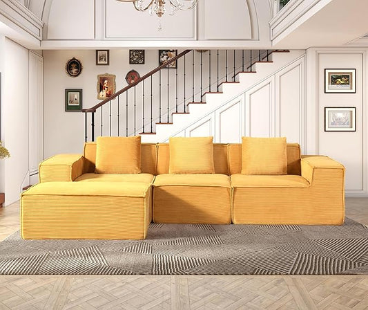 Compressed Sofa L Sectional, 112" Modular Cloud Couch with Ottoman, 23.2" Deep Seat Corduroy High-Back L-Shaped Sectional for Living Room/Bedroom, No Assembly, Ginger Yellow