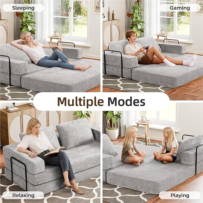 Convertible Sofa Bed, 4-in-1 DIY Combination Modular Couch with Pillows, Comfy Boneless Sleeper Sofa Bed with Fixed-Shape Frame, Chenille Convertible Lounge Couch for Living Room, Light Gray