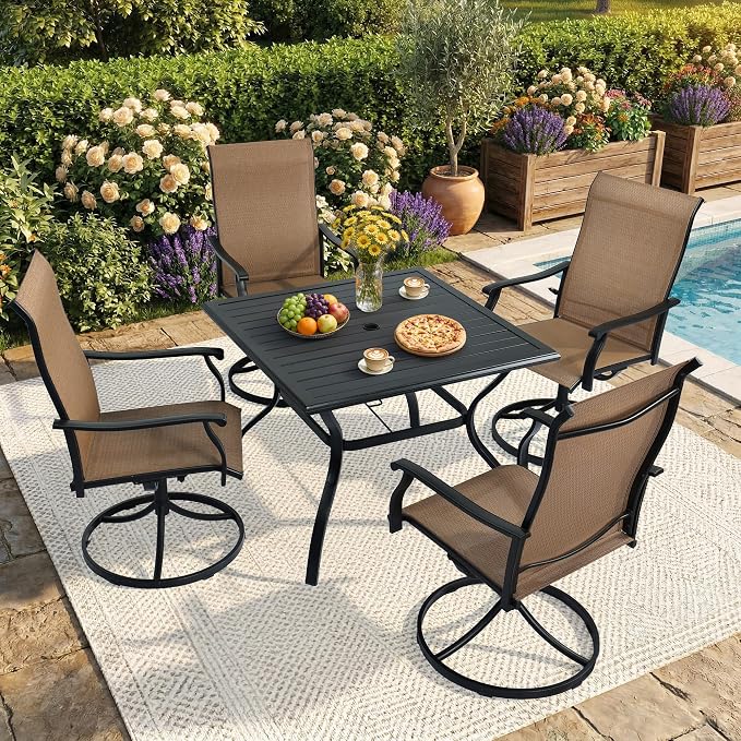 NOBLEMOOD 5-Piece Outdoor Dining Table & Chair Set, Outdoor Dining Set with 4 Textilene Swivel Chairs, Patio Metal Square Dining Table Set for Outside, Garden, Backyard by NOBLEMOOD