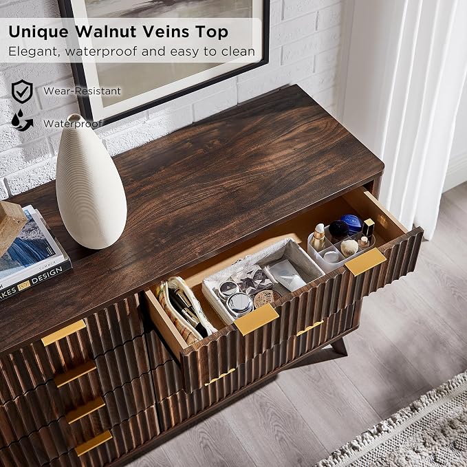 T4TREAM Fluted 8 Drawers Dresser, 54" Wide Modern Chest of Drawers, Curved Profile Design, Dresser TV Stand, Wood Drawer Organizer for Bedroom, Living Room, Hallway, Dark Walnut - Image 4