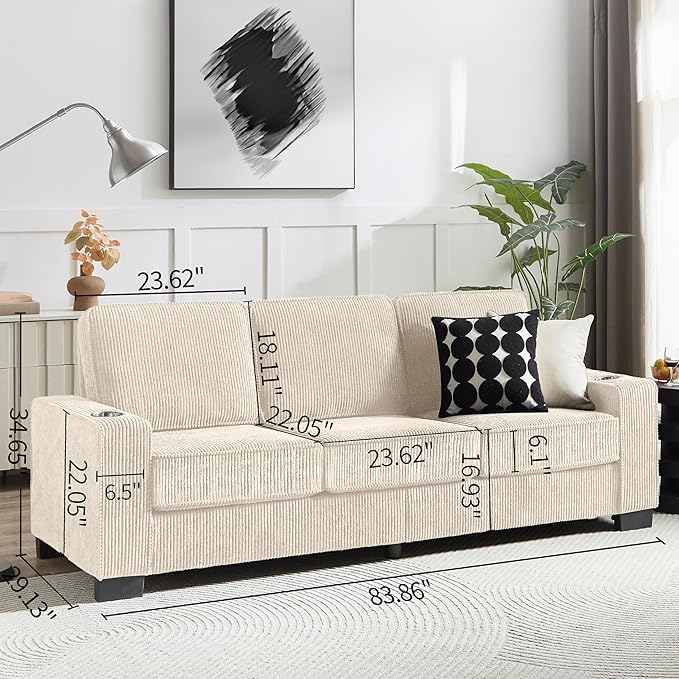 83" Modern Cloud Sofas for Living Room Bedroom, 3 Seat Modular Couch Soft Corduroy Upholstered Loveseat Couches with Cupholders for Home Apartment Office Studio