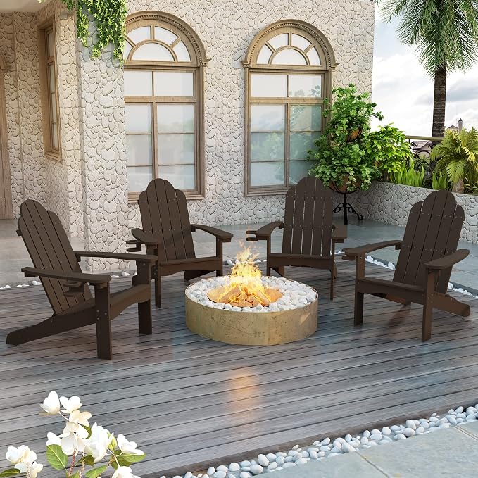 LUE BONA HDPS Adirondack Chairs Set, Fire Pit Outdoor Chair Weather Resistant with Cup Holder, Modern Plastic Chair Plastic for Patio, Deck, Proch, 350LBS, 4 Set, Dark Brown by LUEBONA