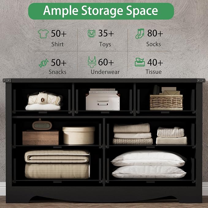 Dresser for Bedroom with 7 Drawers, 58" Wide Wood Chest of Drawers with Deep Drawers & Mental Handle, Modern Dresser TV Stand, Wooden Closet Storage Organizer for Living Room, Hallway, Entryway, Black - Image 4