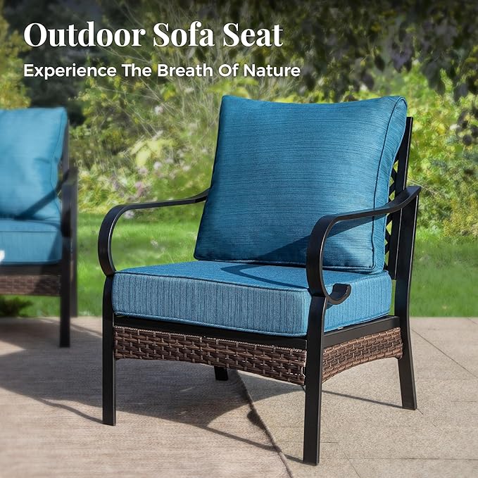 Patio Furniture Set with Coffee Table, Outdoor Conversation Set with 4 x Fixed Chairs, 1 x 3-Seat Sofa for Lawn Garden Backyard, Pacific Blue