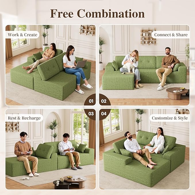 Ball & Cast 106" Cloud Sectional Couch, Compressed L-Shaped Sofa with Deep Seat Chaise, Boneless No Assembly Modular Couch, Foam & Spring Support, 2 Boxes (Right Facing, Chenille Green)