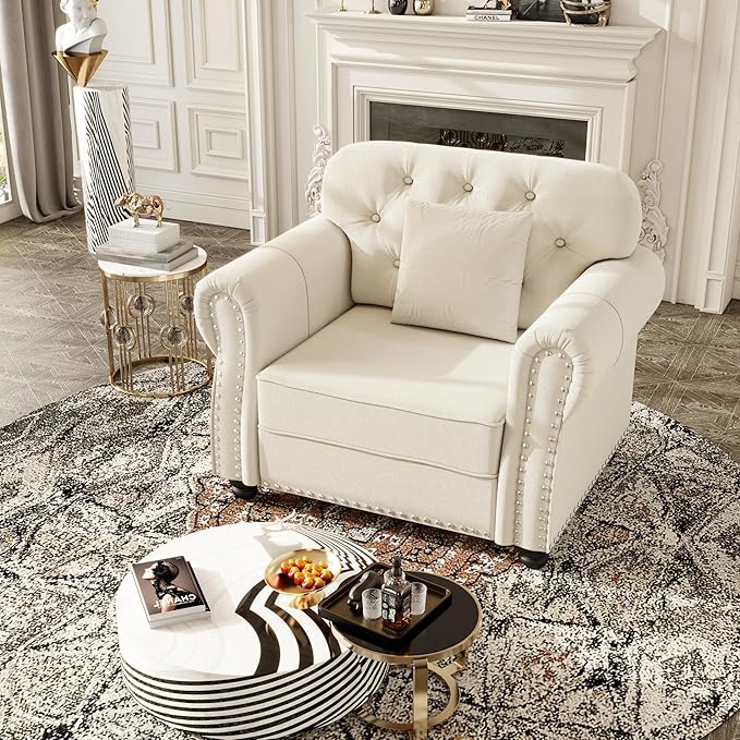 KEIKI 41" Velvet Chesterfield Sofa with Rolled Arms & Nailhead Trim & 1 Ottoman, Modern 1-Seater Button Tufted Couch with High Resilience Cushion & 1 Pillow, Easy Assembly, for Living Room, White