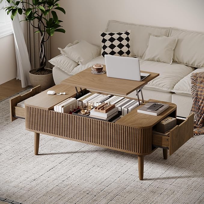 47.2” Modern Coffee Table Wooden Fluted Lift Top Coffee Table with Hidden Compartment, Mid Century Modern Rectangle Center Tables with Lifting Tabletop & 2 Storage Drawers for Home Living Room Walnut