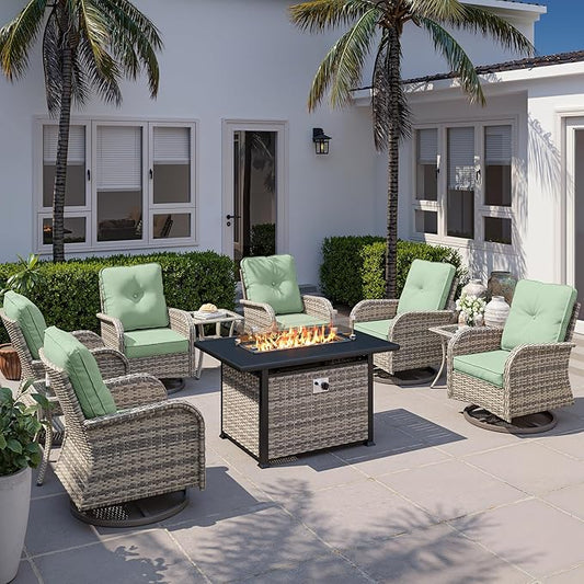 10Pcs Patio Rocking Swivel Chair with 55,000 BTU Fire Pit Table Outdoor Wicker Rattan Bistro Set with Tempered Glass Side Table, Patio Furniture Set for Garden and Balcony, Light Green