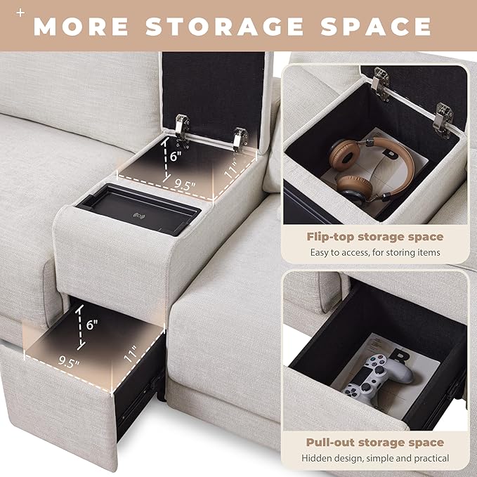 124" L-Shaped Corner Sectional Sofa with Multi-Functional Storage Console for Home Apartment, Luxury Chenille Upholstered Cloud Couches W/Wireless Charger & Ottoman