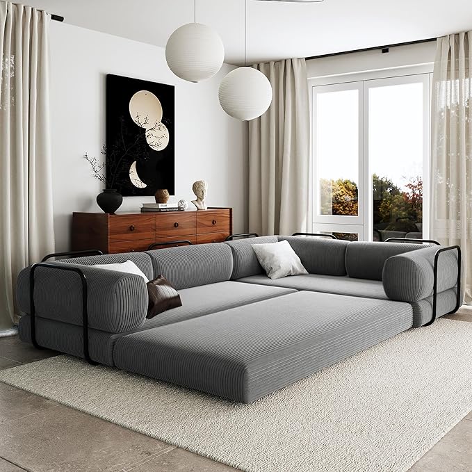 Merax L-Shaped Modular Sofa Bed in Corduroy Fabric, Convertible Sleeper Sofa Bed, 4 Seat Floor Couch for Living Rooms and Apartments, No Assembly Required, Gray