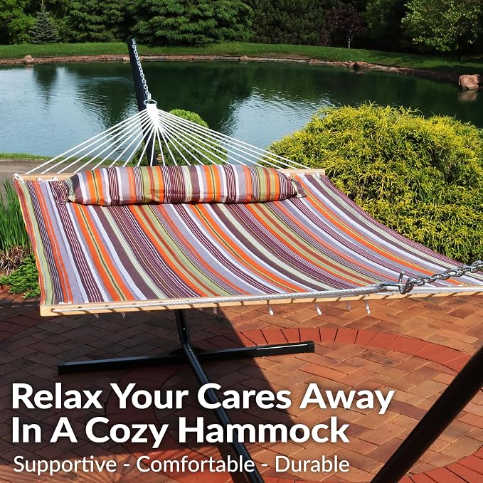 Sunnydaze Quilted Double Hammock for Outside with Spreader Bars and Pillow - 450 lb Capacity, 74x55 Inch Bed, UV Resistant, Quick Dry - Chains Included, Stand Sold Separately - Canyon Sunset - Image 4