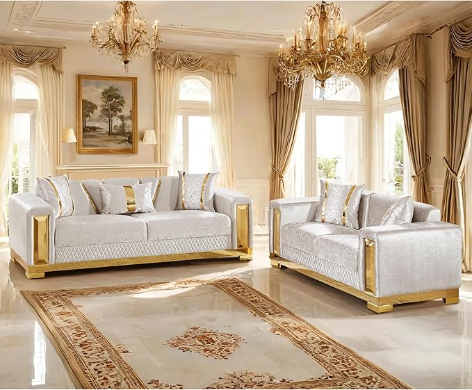 Furniture of America Samison II Glam 2-Piece Solid Wood Upholstered Sofa Set with Accent Pillows, Damask Pattern and Gold Base, Comfortable Couch and Loveseat for Living Room, Bedroom, Office, Beige