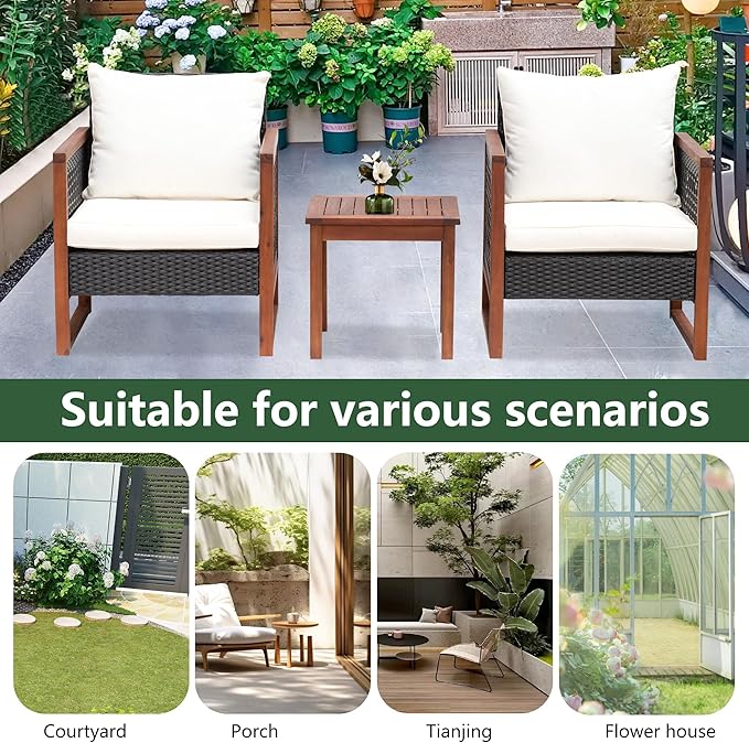 PayLessHere 3-Piece Outdoor Patio Furniture Set Modern Rattan Bistro Conversation Set with Acacia Wood Frame, Coffee Table, and Water-Resistant Cushions for Balcony, Garden, or Backyard (Khaki)