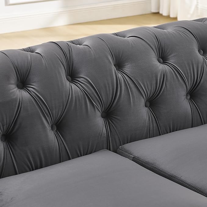 KEIKI 85" Luxury Oversized Velvet Chesterfield Sofa with 2 Pillow & Gold Stainless Decoration, Italian Modern Style 3-Seater Button Tufted Couch with Rolled Arms, Easy Assembly, for Living Room, Gray