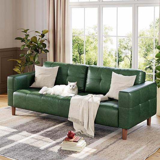GarveeHome 3-Seater Sofa Couch, 83 in Wide Faux Leather Sofa Couch with Spring Cushion, Modern Sofa with Deep Seats and 2 Removable Back Cushions, for Living Room, Bedroom, Apartment, Office, Green
