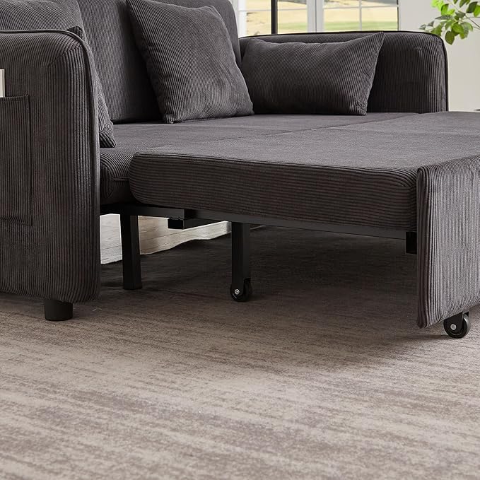 Ball & Cast 66" Convertible Sofa Bed,3-in-1 Corduroy Loveseat Sleeper Pull Out Couch Bed with Pillows and Side Pockets, Deep Seat Comfy Sofa Couches for Living Room,Apartment,Dark Grey