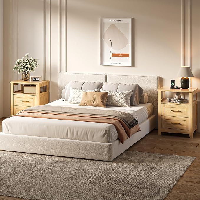Decofy Farmhouse Nightstand with Charging Station, Modern End Tables with 2 Drawers & Open Shelf, Outlets, USB Ports and Type-C Ports, Wood Rustic Nightstands for Bedroom (2 Pack, Oak) - Image 6