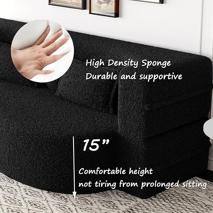 Ball & Cast 78" Floor Sofa Bed with 2 Pillows,Convertible Teddy Fabric Foam-Filled Sleeper Sofa Bed,Pull Out Couch Full Size Folding Mattress for Living Room,Playroom,No Assembly Required,Black