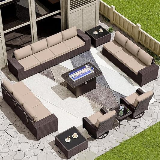 16 PCS Outdoor Patio Furniture Set,Outdoor Sectional Furniture with 45" 55000 BTU Gas Propane Fire Pit Table,All Weather PE Rattan Wicker Patio Conversation Set,Swivel Rocking Chairs Set,Sand
