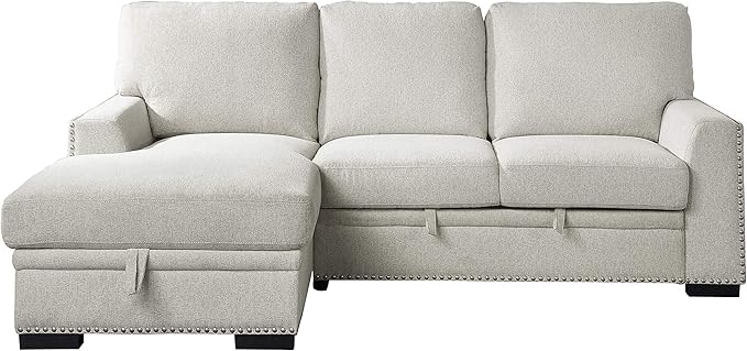 Lexicon Mid Century Modern Sectional Sleeper Sofa Bed Couch with Storage Chaise, Sectional Sofa Pull Out Couch Bed, Sectional Couch Lounge Sofa for Living Room Apartment, Left Side Chaise, Beige