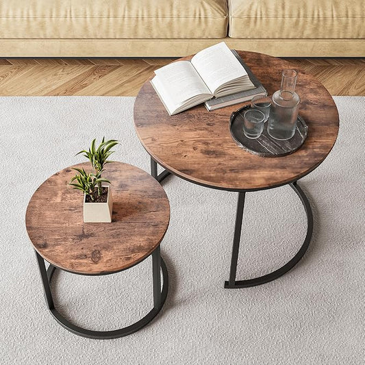 HOJINLINERO Round Coffee Table,Nesting Coffee Table Set of 2,Center Tables for Living Room,Office, Home Small Space,Stacking Side Tables,Sturdy and Easy Assembly,Wood Desktop,Rustic Brown,Small