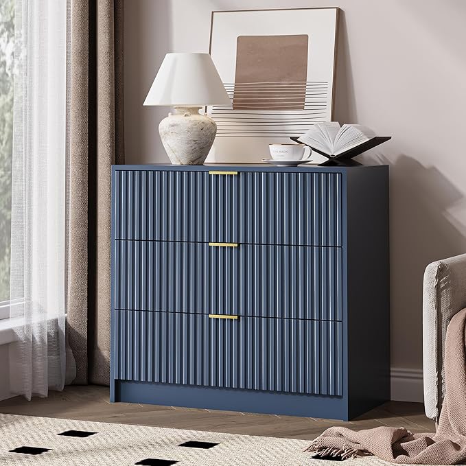 MAISONARIA 3-Piece Dresser Bedroom Set, 7 Drawer Dresser & 3 Drawer Nightstands with Gold Handles, Fluted Wood Chest of Drawers for Bedroom, Living Room, Entryway, Navy Blue