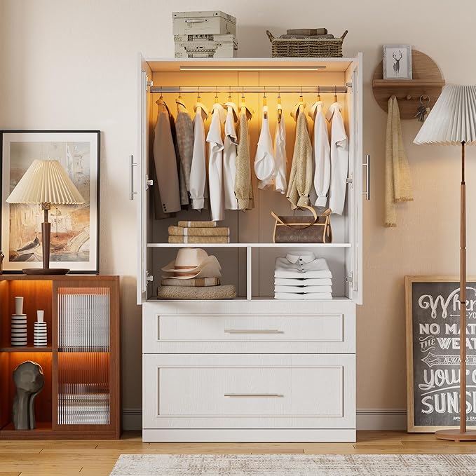 Armoire Wardrobe Closet with Drawers and LED Lights,71" Bedroom Closet Wardrobe Cabinet with 2 Glass Doors & Hanging Rod, Wooden Freestanding Armoire Storage Cabinet for Cloakroom,White