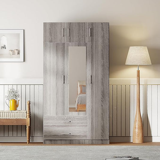 Mirror 3 Doors Closet Wardrobe with 2 Drawers and Top Cabinet, Modern Wooden Armoire Wardrobe Closet with Hanging Rod for Bedroom, Freestanding Bedroom Closet, Clothes Storage Organizer (Gray)