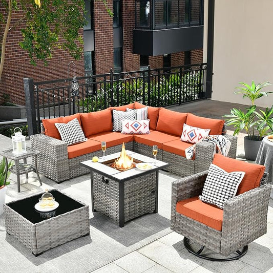 HOOOWOOO 9 Piece Modular Patio Outdoor Sectional Furniture Set with Gas Propane Fire Pit Table,Wicker Conversation Sofa Set with Swivel Chairs,Outside Couch Set(Orange Red)