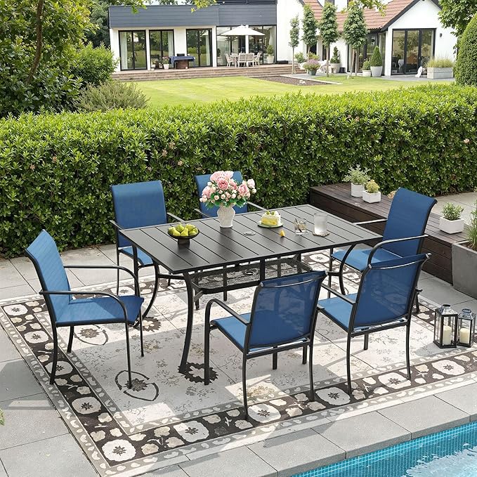 DIFY 7 Pieces Patio Dining Set for 6, Patio Furniture Includes Blue Stackable Sling Outdoor Chairs and 59.2" Rectangle Metal Black Table by DIFY