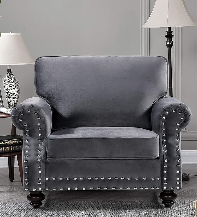 Lotus Mid Century Modern Velvet Upholstered Living Room Rolled Arms, Chair, Fossil Grey