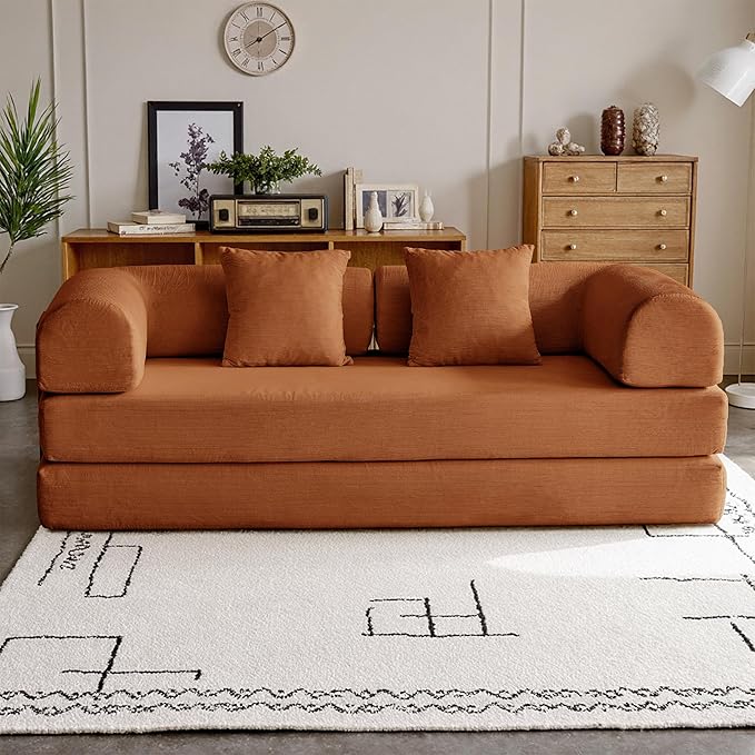 79'' Convertible Compressed Corduroy Folding Cloud Sofa Bed, 5 in 1 Modern Modular Boneless Pull Out Loveseat Sleeper in a Box, No Assembly Floor Futon Couch for Living Room, Orange, Pillows, King