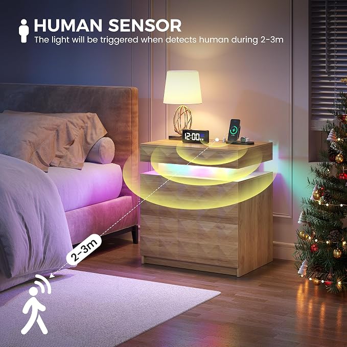 Dystler LED Nightstand with Charging Station,3 Drawers Night Stand with Lockable Hidden Storage,Smart Bedside Table with Human Sensor RGB Lights for Bedroom,Wood - Image 5