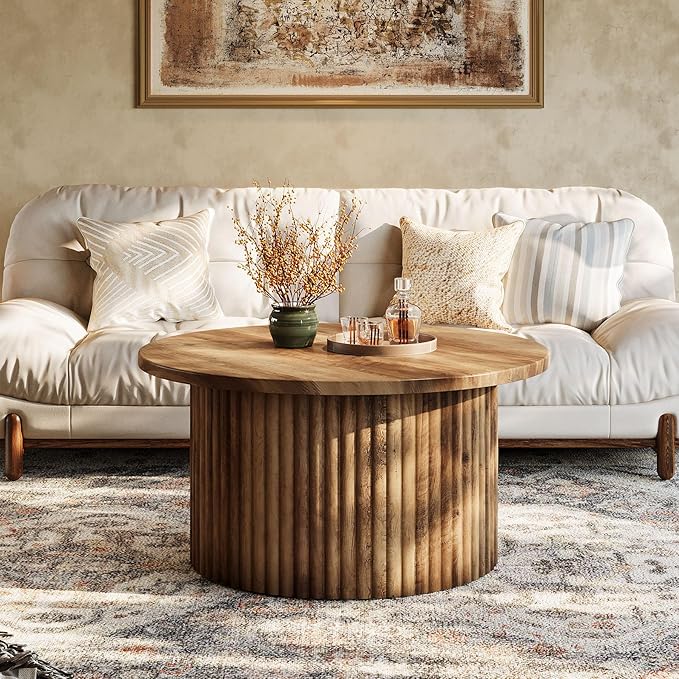 Tribesigns Round Coffee Table, 31.5" Farmhouse Circle Center Table with Fluted Drum Base & Wooden Grain Veneer Top, Modern Wooden Accent Cocktail Table for Small Space, Living Room, Apartment