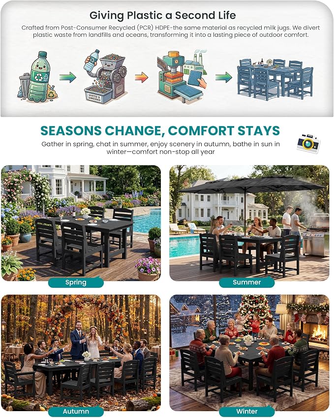 SERWALL Patio Dining Sets for 6 Person, HDPE Dining Set with 6 Armless Chairs, Black - Image 7