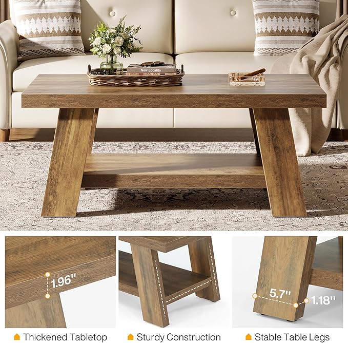 Tribesigns Farmhouse Coffee Tables for Living Room, 47.24" Rectangle Coffee Tables with Storage Shelves, Rustic Wooden Center Table for Apartment, Home Office (Rustic Brown)