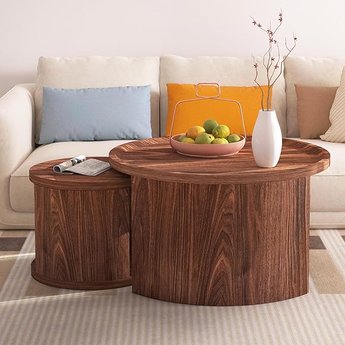 Round Nesting Coffee Table Set of 2, Mid Century Modern Circle Coffee Table, 31.5"&18" Wooden Circle Accent Tables with Wood Top, Minimalist Center Table, Space-Saving Side Table Set for Living Room