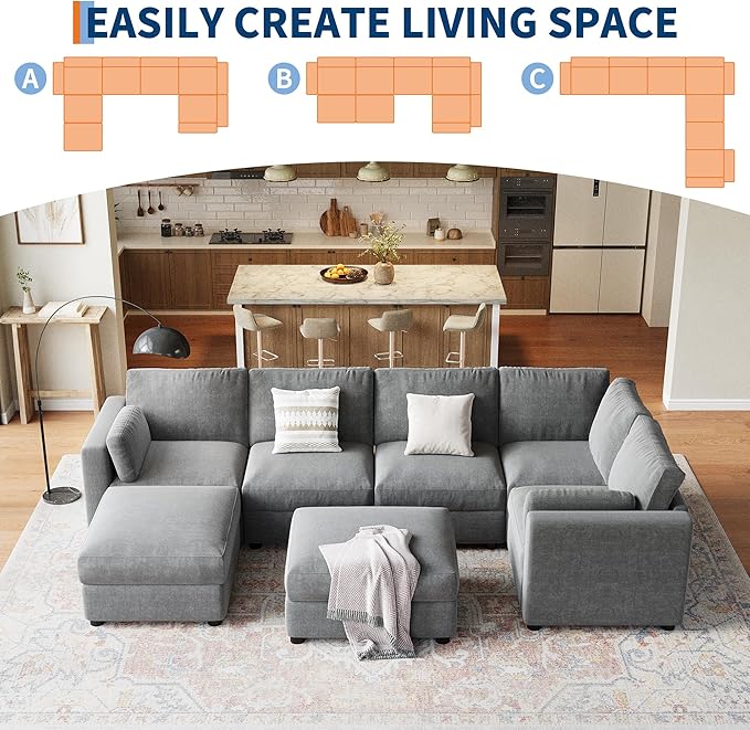GarveeHome 138" Modular Sectional Sofa, 7 Seater Sectional Couch, U Shaped Sofa with Ottoman, Oversized Convertible Modular Couch for Living Room Apartment Office, Chenille Grey
