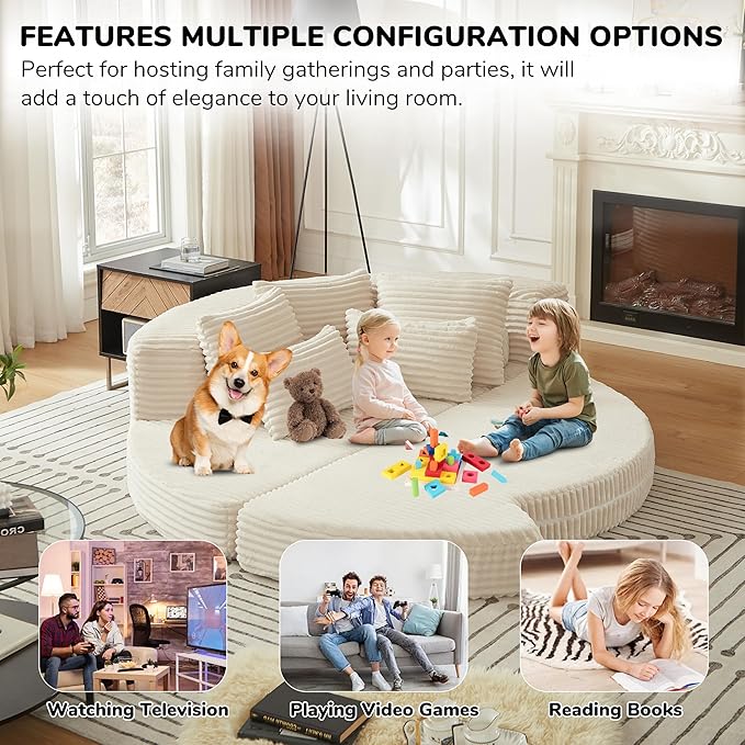 ERYE Oversized Round Sofa Chaise Daybed Comfy Corduroy Couch Boneless Sleeper Recliner Sofabed with 10 Pillows and Headrests