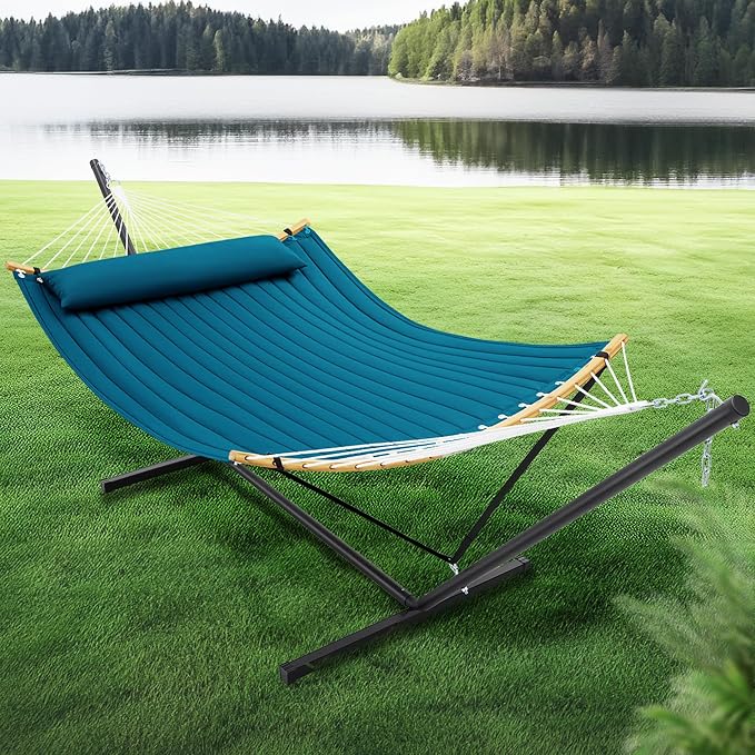 SUPERJARE Curved-Bar Hammock with Stand, 2 Person Heavy Duty Hammock Frame, Detachable Pillow & Portable Carrying Bag, Perfect for Outdoor & Indoor, Peacock Blue - Image 2