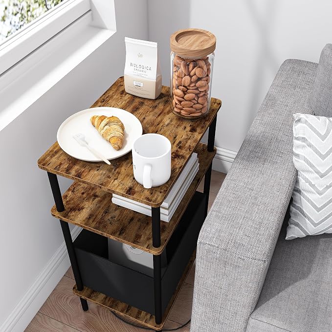 Small Side Table with Charging Station, End Table for Small Spaces, Slim Nightstand with Outlet,Sofa Beside Table, 3-Tier Storage Shelf,Living Room, Bed Room, Rustic Brown - Image 5