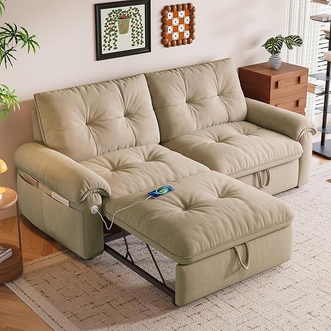 KEIKI 77" Modular Sectional Sofa with Pull-Out Bed, Convertible Sleeper Sofa Bed, 3-Seater Sleeper Sofa Couch for Living Rooms, Bedroom, Apartment, Brown