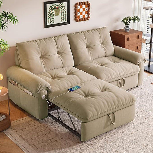KEIKI 77" Modular Sectional Sofa with Pull-Out Bed, Convertible Sleeper Sofa Bed, 3-Seater Sleeper Sofa Couch for Living Rooms, Bedroom, Apartment, Brown