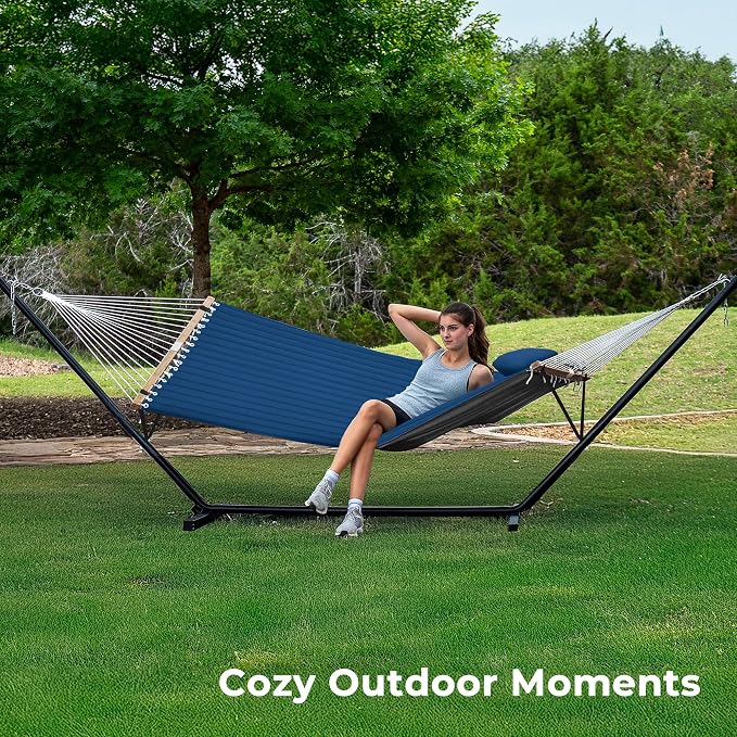 SUPERJARE Hammock with Stand, 2 Person Quilted Outdoor Hammock, Detachable Pillow & Bamboo Spreaders, Portable Hammock with Carrying Bag, Heavy Duty Stand, Perfect for Outside, Patio, Navy Blue - Image 2